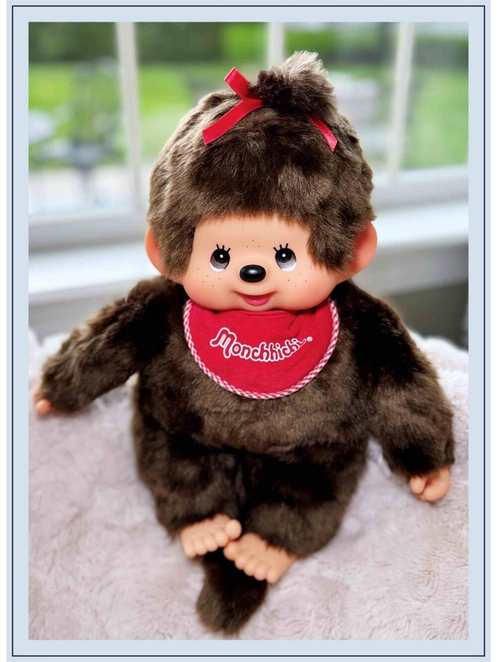 Large 16" Sekiguchi Monchhichi Girl Red Bib Bow Monkey Plush Doll L Size 40cm